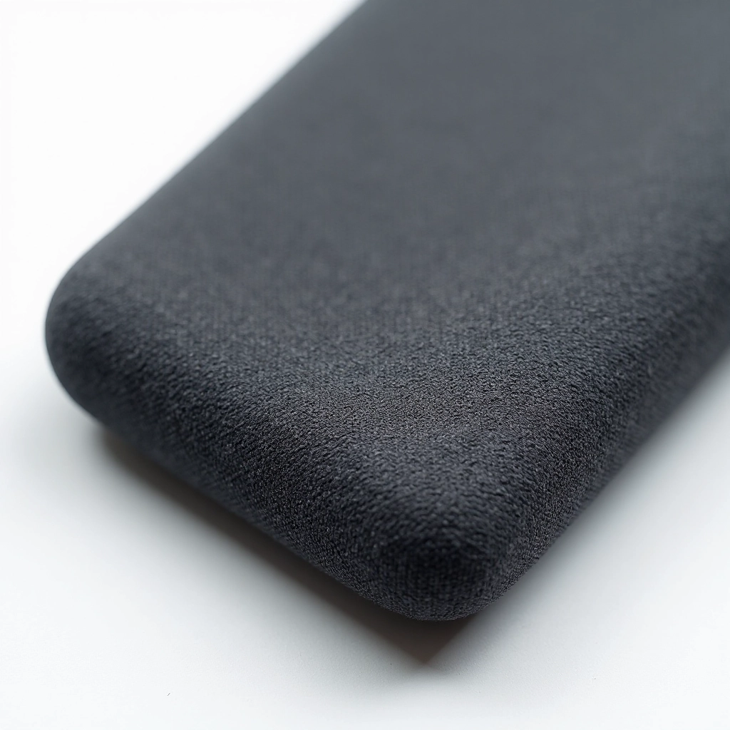 Close-up view of tablet case material showing neoprene texture and polyester weave, professional macro photography with clear detail of protective layers