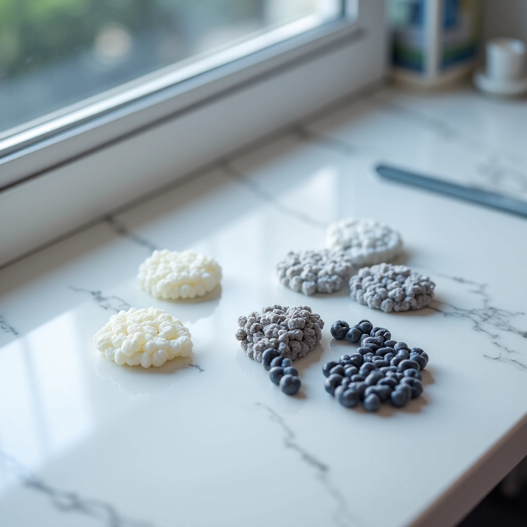 Raw materials used in protective case manufacturing: TPU polymers and polycarbonate samples displayed with technical documentation