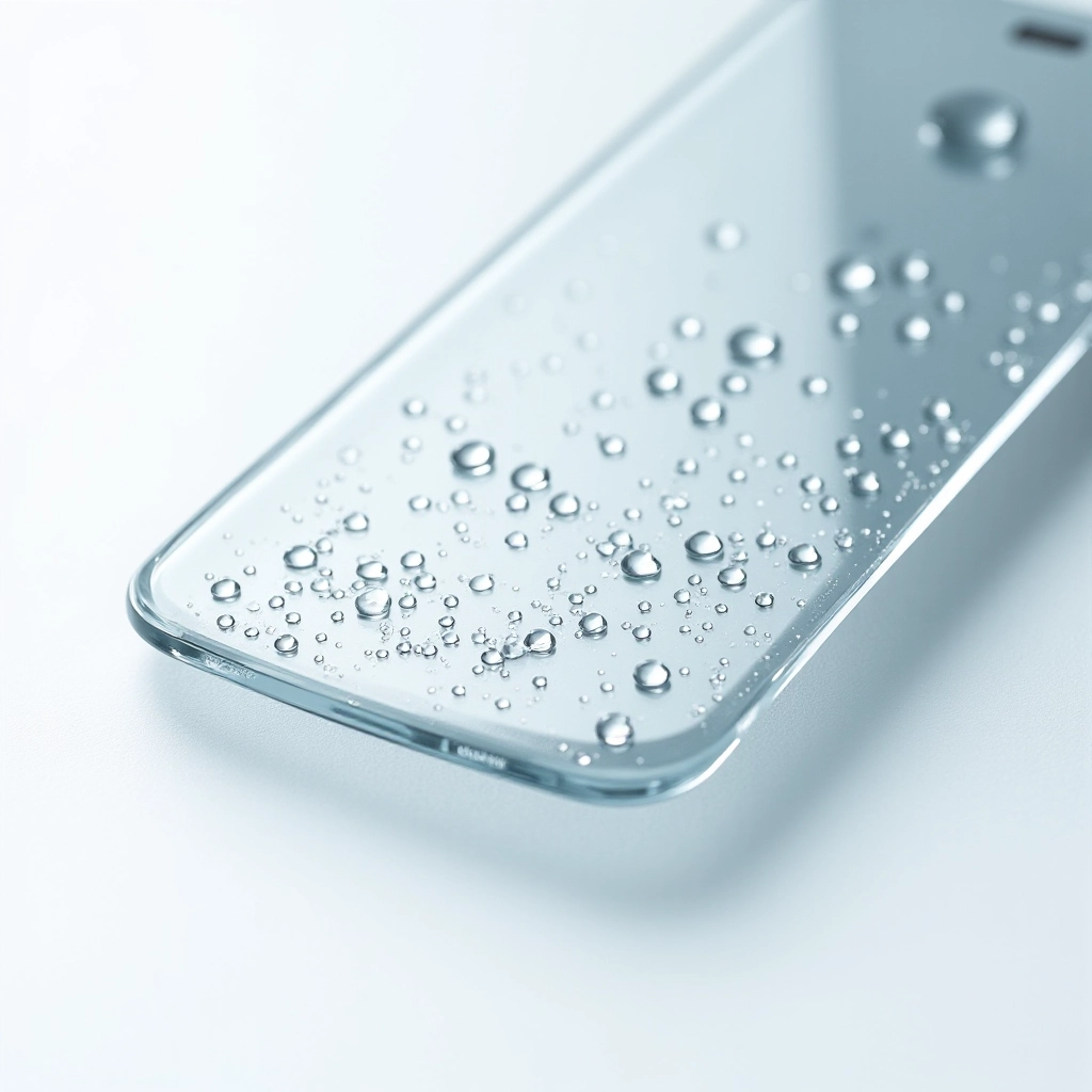Close-up detail of tempered glass screen protector showing oleophobic coating surface with water droplets beading, highlighting anti-fingerprint properties