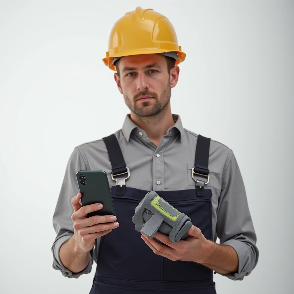 Person holding protected smartphone in professional work environment, demonstrating grip and real-world usage