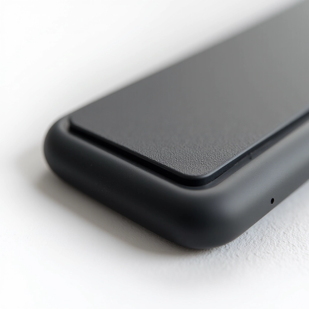 Smartphone case with protective corner reinforcement shown in detail, displaying textured soft-touch surface and raised bezel protection