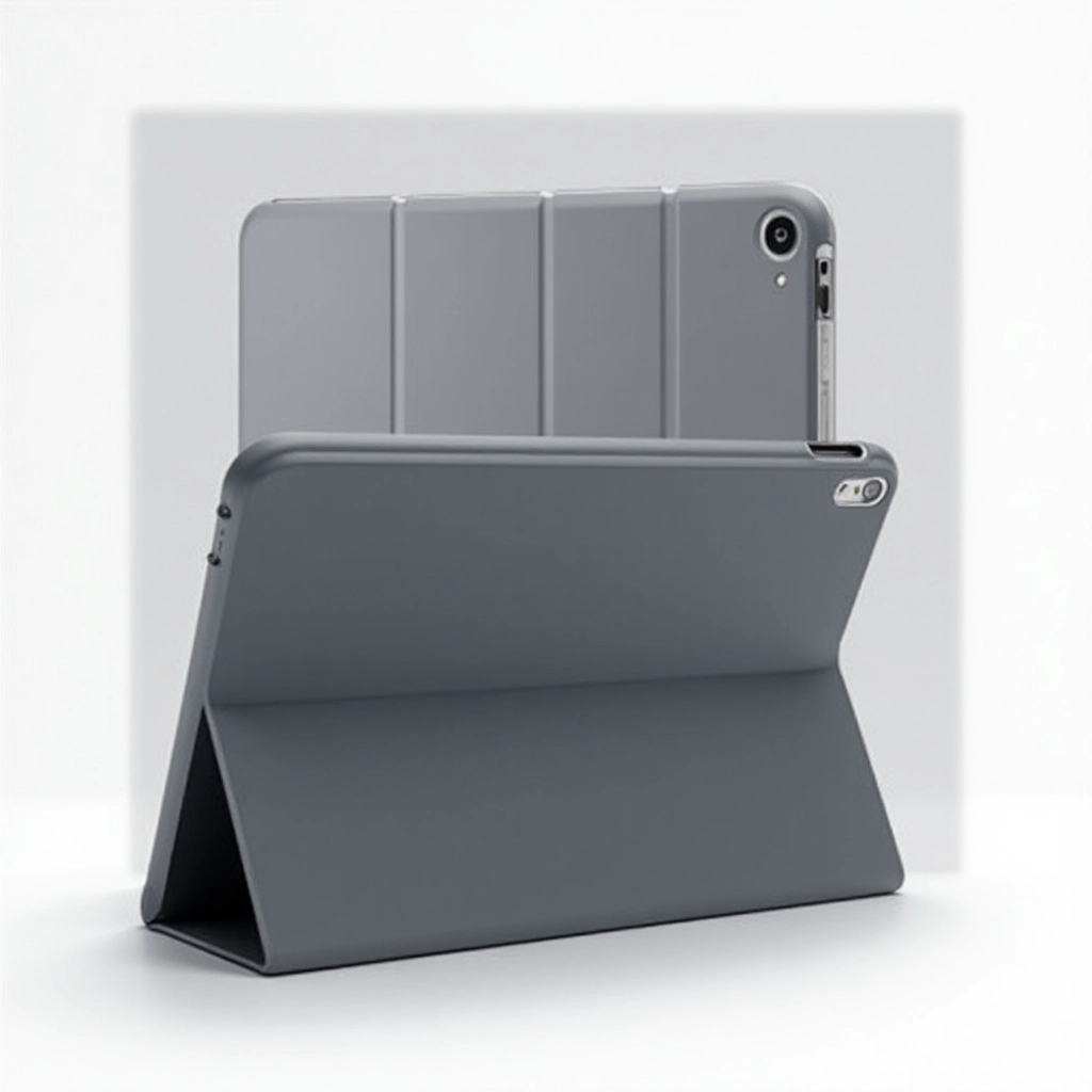 Tablet case with viewing stand positioned at multiple angles showing flexibility, professional product photography demonstrating landscape and portrait positioning