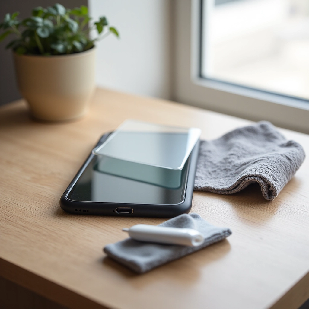 Smartphone with tempered glass protector on clean wooden desk with soft microfiber cloth, demonstrating proper care and maintenance