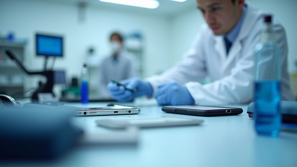 Professional testing laboratory workspace with precision measuring equipment and protective device samples